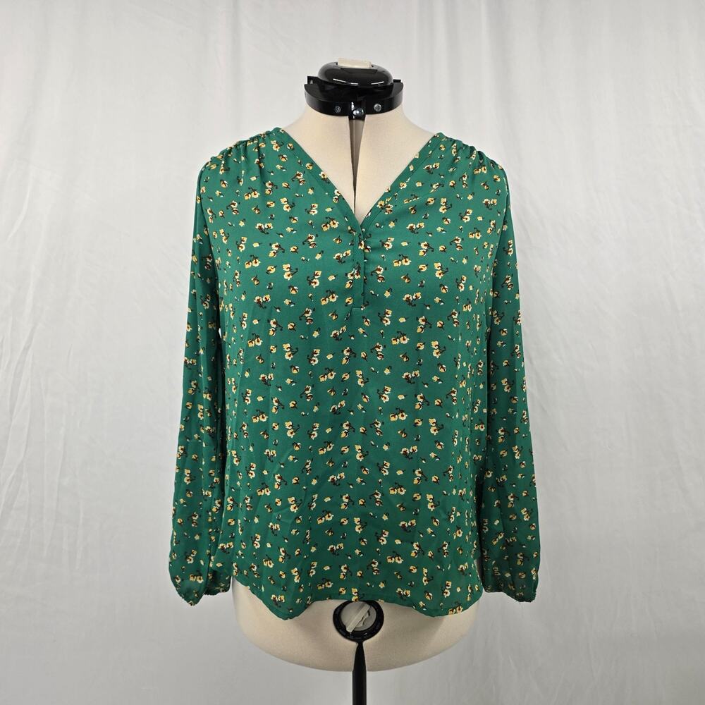 Pleione Long Balloon Sleeve Blouse Women's L Green Ditsy Floral V-Neck Relaxed